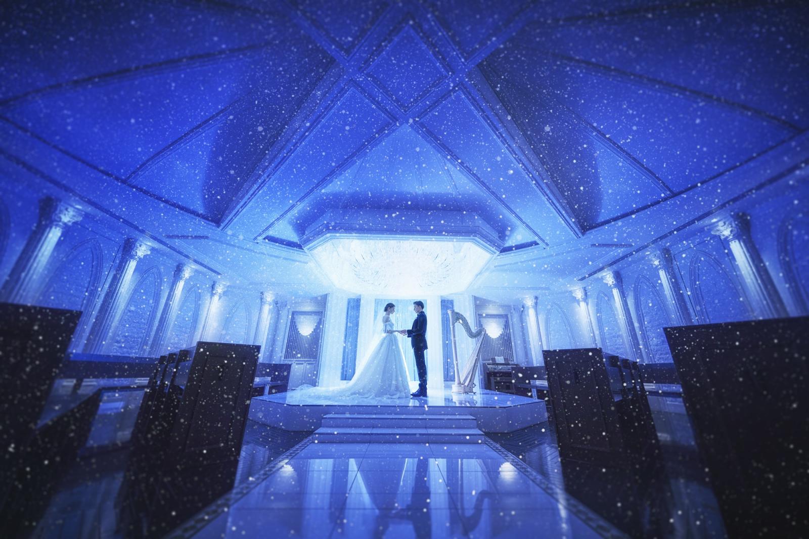 幻想的な美しさに包まれる星空の中の挙式<br />
花嫁のウエディングドレス姿が星空に映える