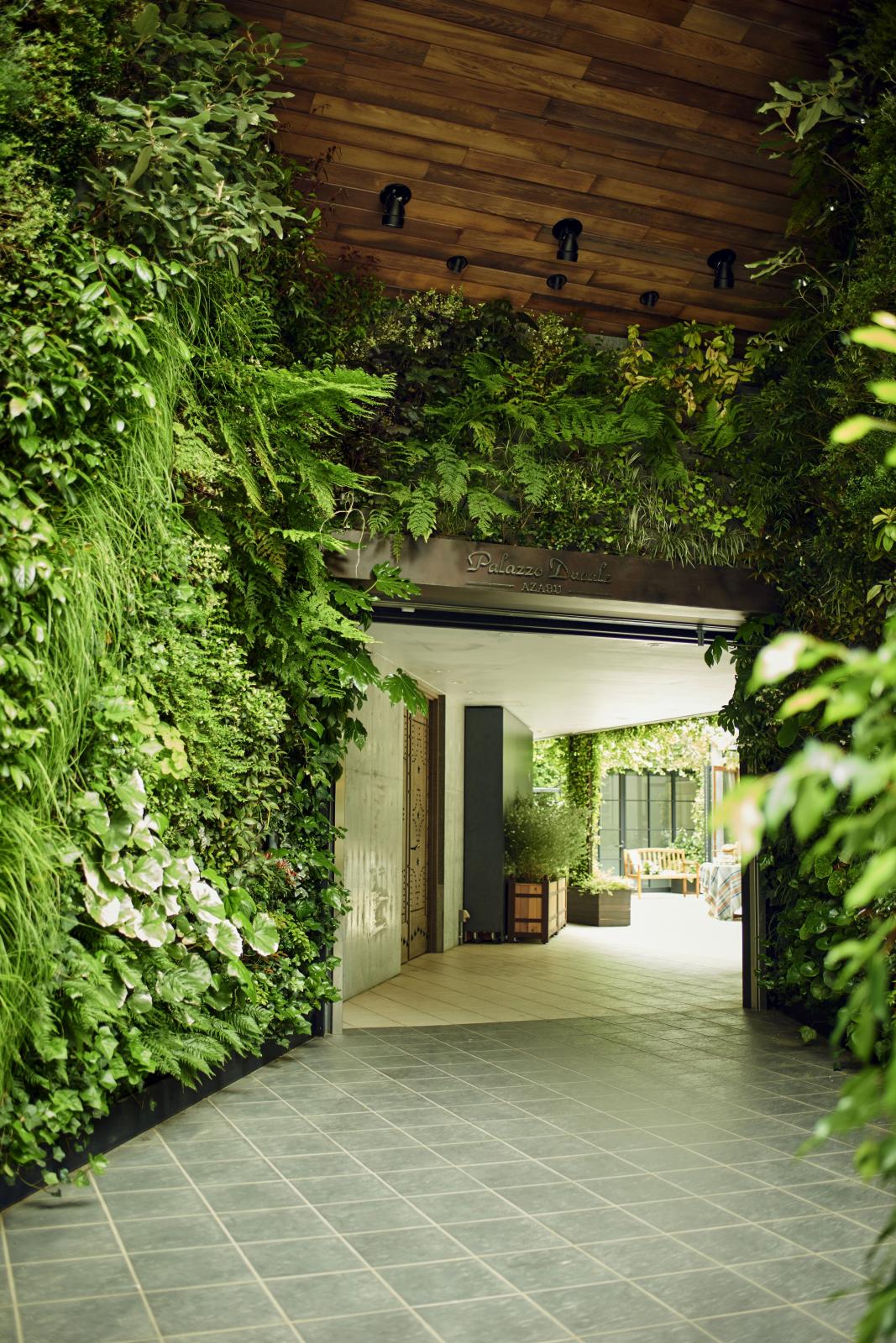 大通りから1本路地に入ったところに現れるグリーンウオールの先にザイナーが手掛けたガーデンが拡がる