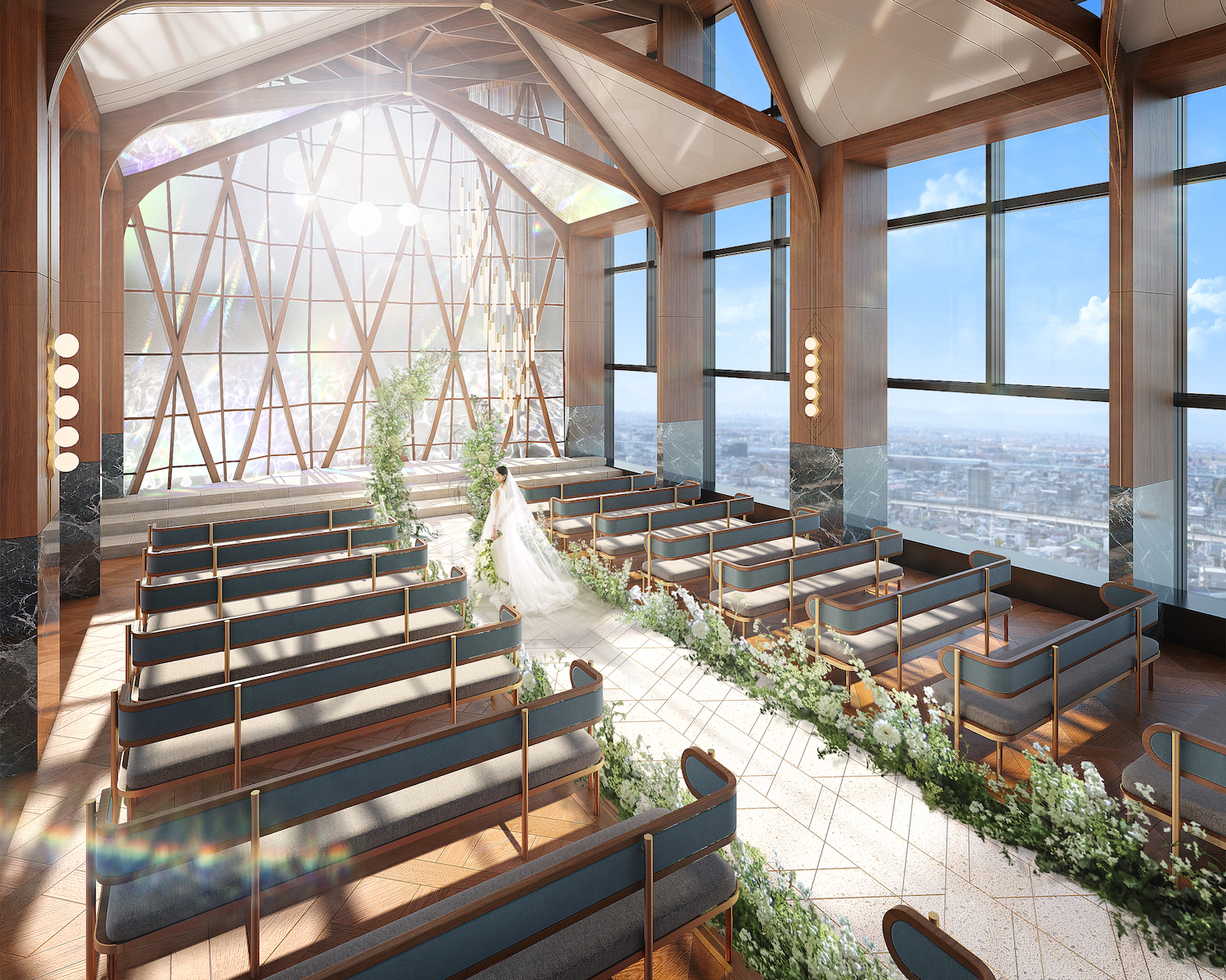 光り輝く最上階15階に位置する壮大なスケールのチャペル。木目調で温かみ溢れる空間。
