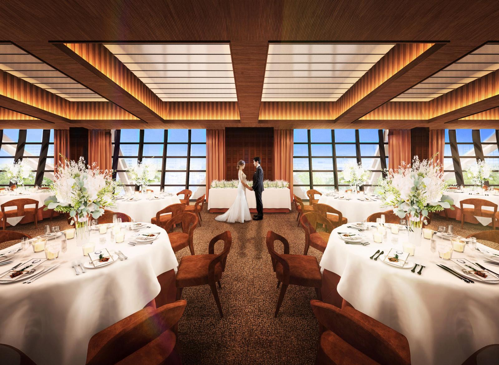 生まれ変わるパーティ会場は、温かく優しい自然素材と上質な表情を見せる素材を組み合わせ、本物の美しさ宿るモダンとトレンドが融合する特別な場所へ。