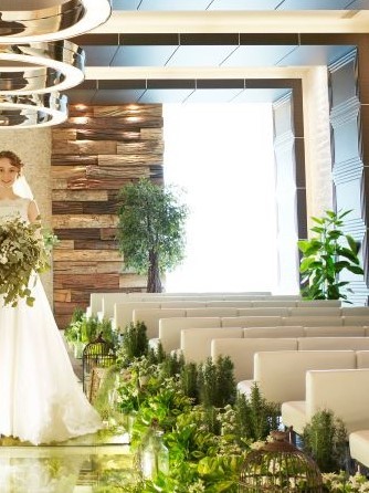 お花が敷き詰められたヴァージンロードは森の中のチャペルのよう