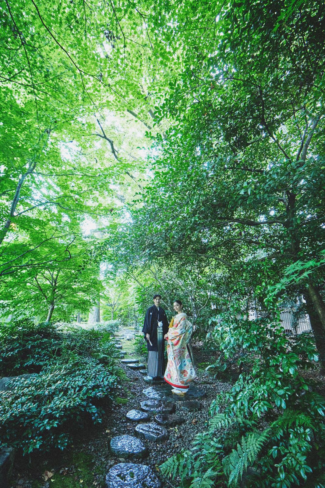 緑あふれる空間は和装も映える