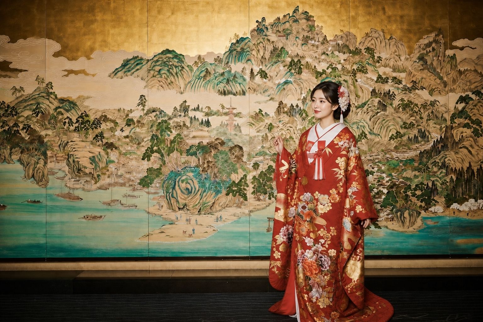 京都の絵師が描いた「宮島」。その圧巻たる壁画の前では、和装が華やかに引き立ちます。前撮りでも人気