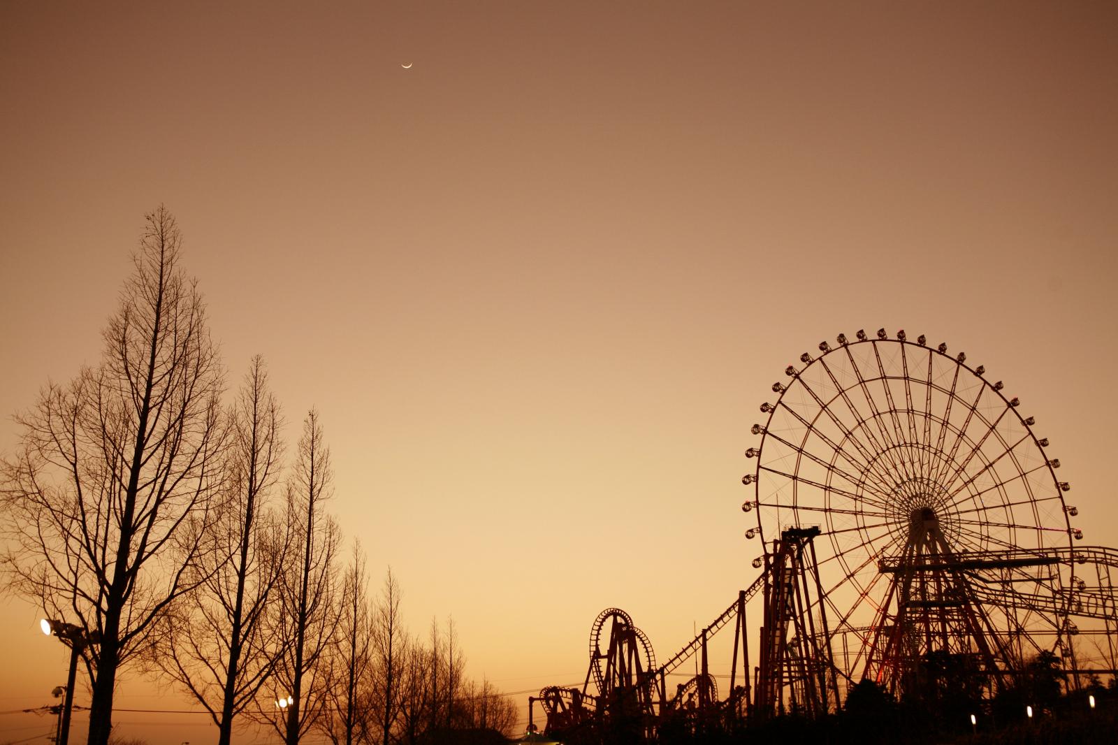 ホテルから見た夕暮れの遊園地